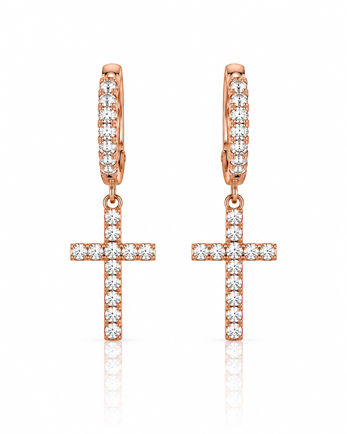 Rose gold diamond cross drop earrings with sparkling cross pendants