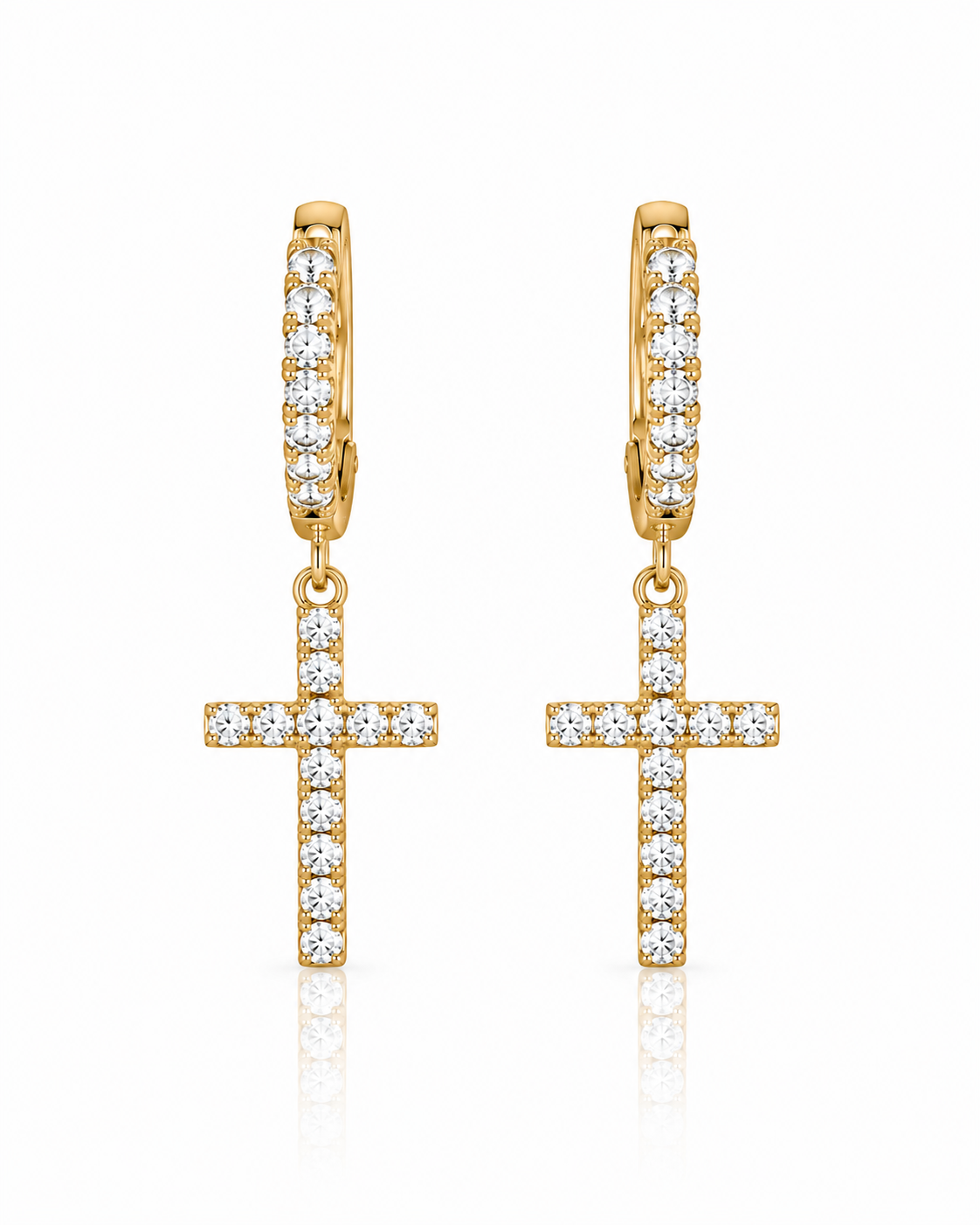 Yellow gold diamond cross drop earrings with sparkling cross pendants