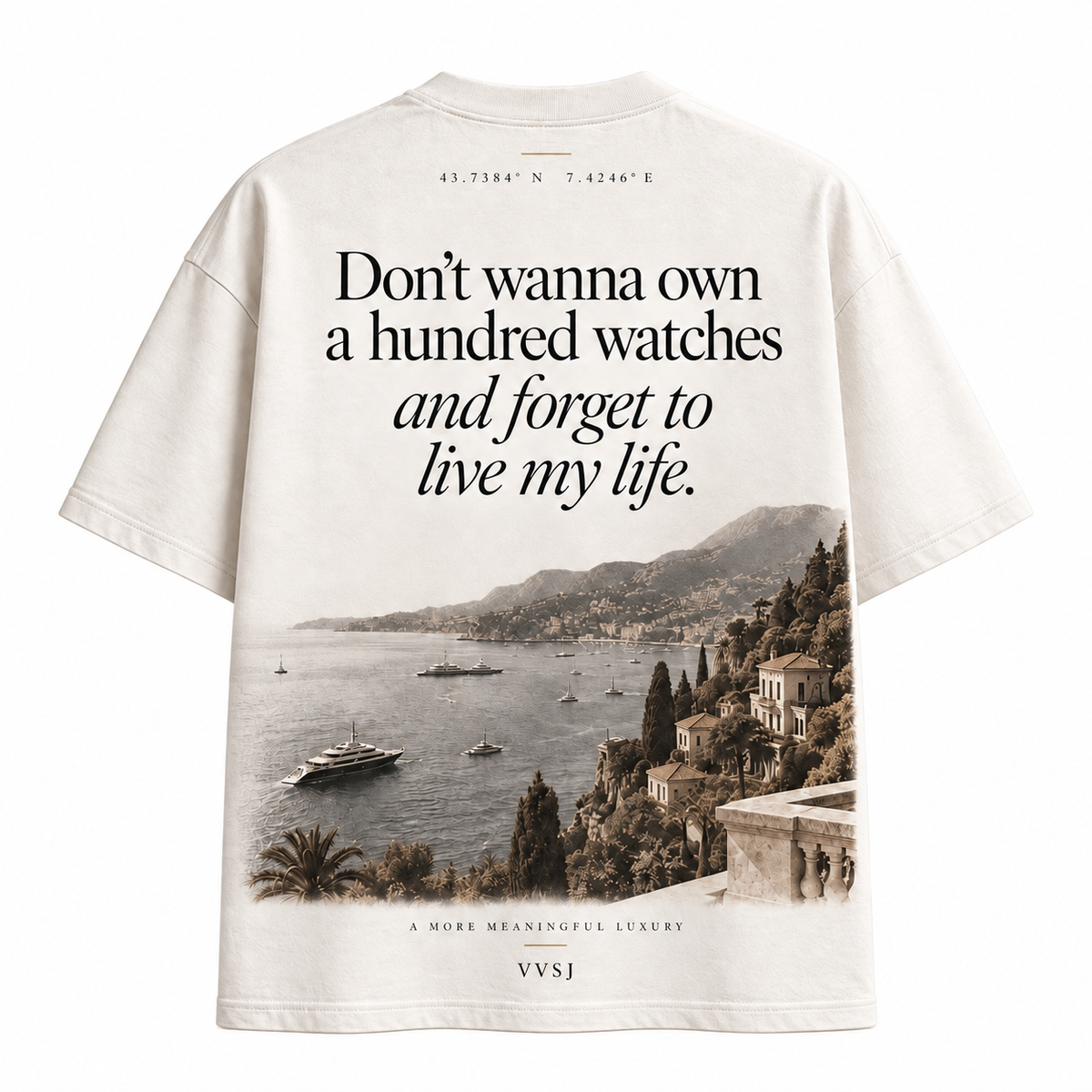 Back of cream VVSJ Monaco T-shirt with coastal graphic and meaningful luxury statement