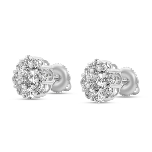 Diamond 14KT White Gold Cluster Earrings 1.02ctw