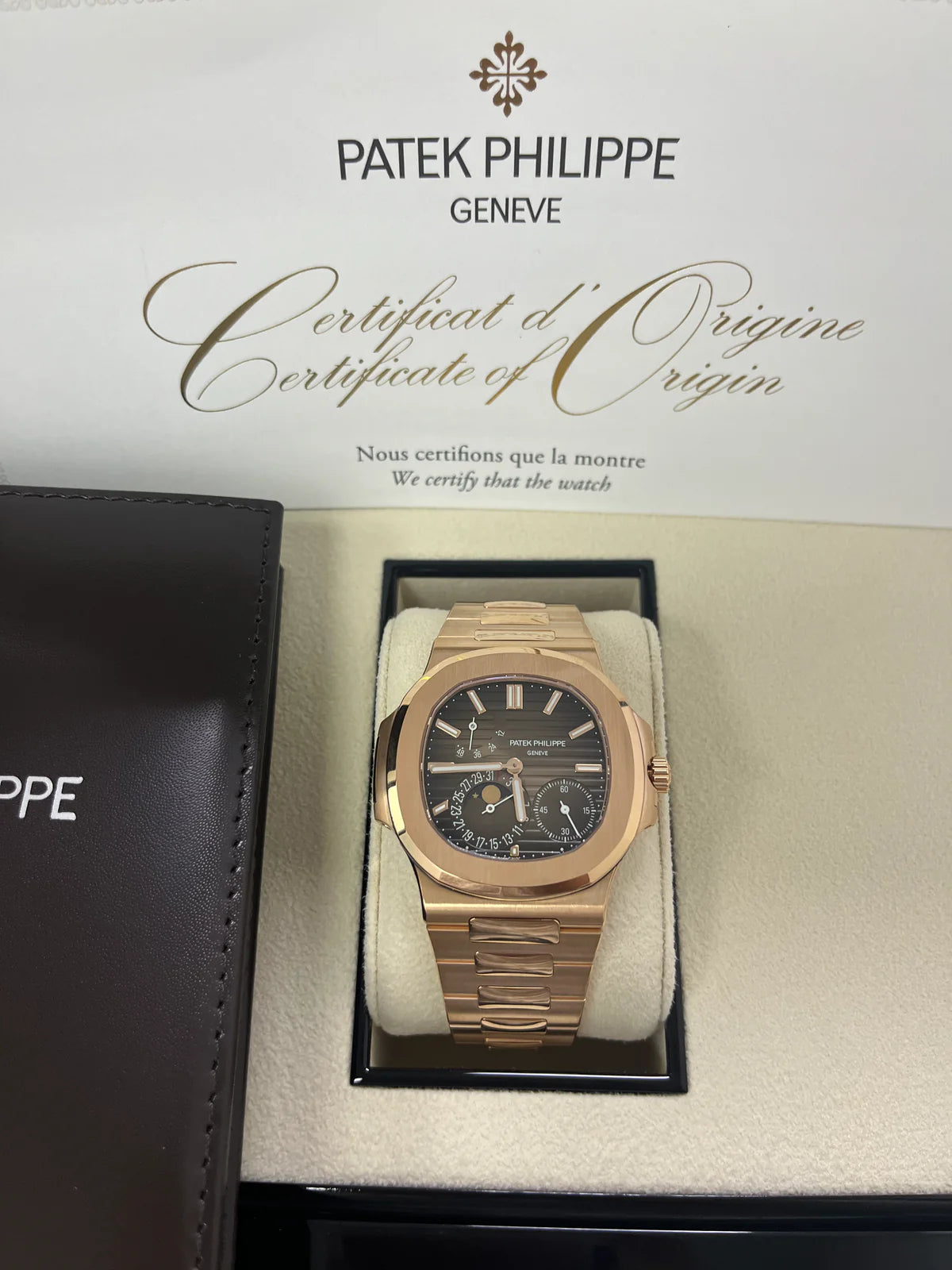 Patek Philippe Nautilus Moon Phase Rose Gold 40mm Brown Black Dial 5712/1R-001