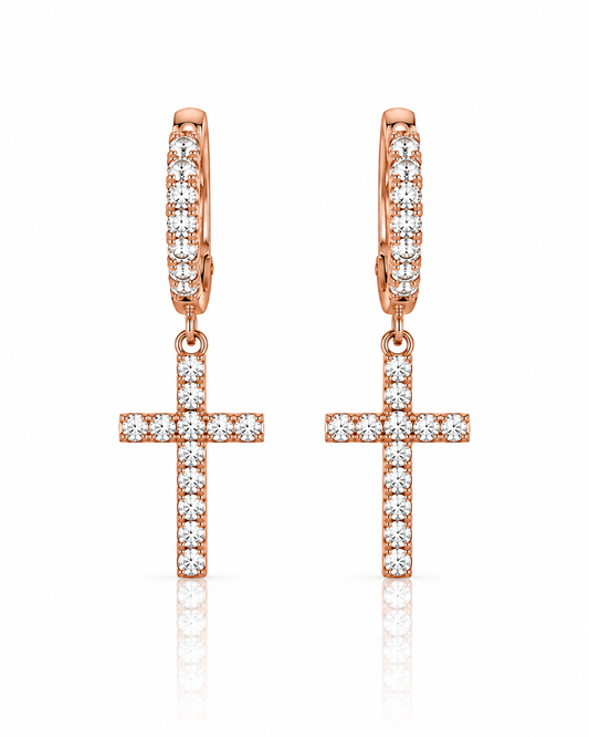 Rose gold diamond cross drop earrings with sparkling cross pendants