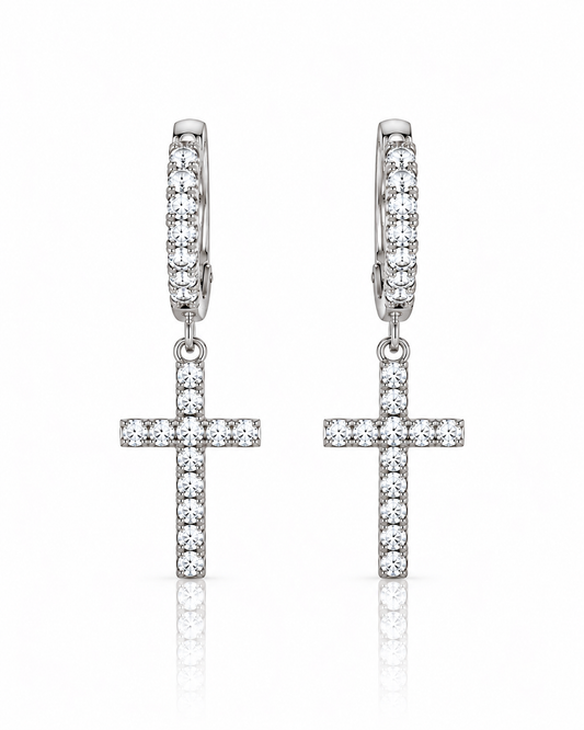 White gold diamond cross drop earrings with sparkling cross pendants