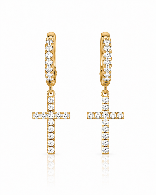 Yellow gold diamond cross drop earrings with sparkling cross pendants
