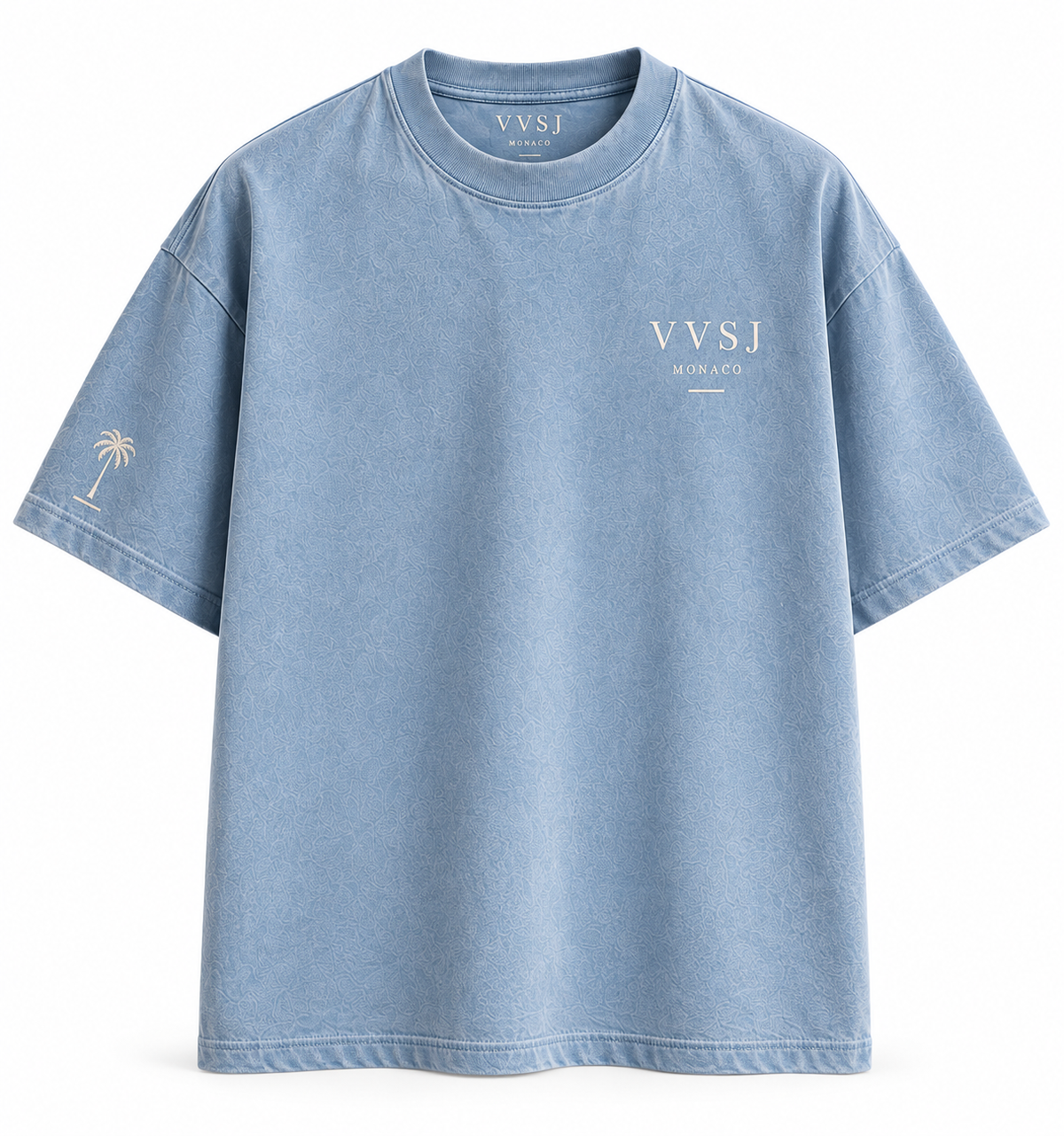 Front of blue VVSJ Monaco graphic T-shirt with chest logo and palm sleeve detail