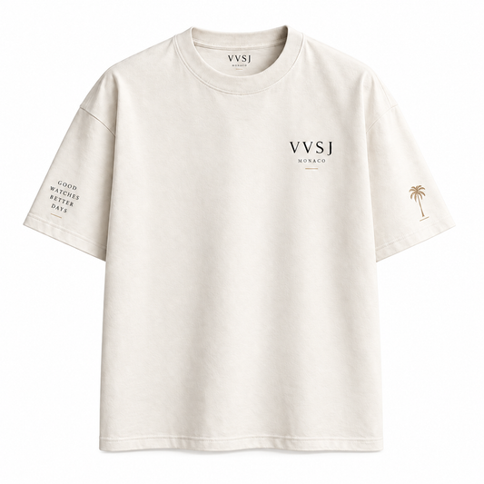 Front of cream VVSJ Monaco T-shirt with chest logo, sleeve text, and palm detail
